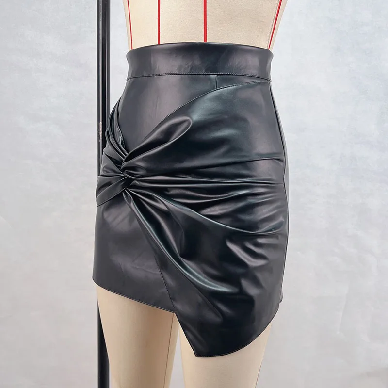 Women Design Sense French Leather Skirt Fashion High Waist Slimming Folds Knot Mini Skirts Sexy Package Hip PU Short Skirts