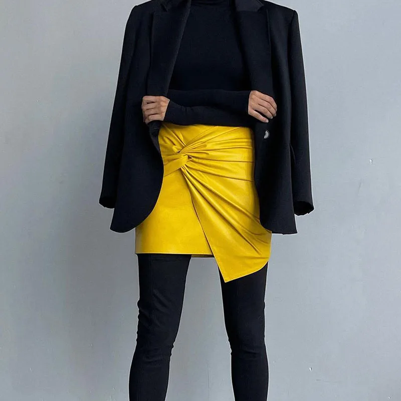 Women Design Sense French Leather Skirt Fashion High Waist Slimming Folds Knot Mini Skirts Sexy Package Hip PU Short Skirts