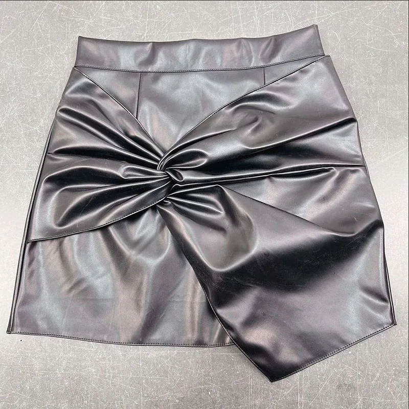 Women Design Sense French Leather Skirt Fashion High Waist Slimming Folds Knot Mini Skirts Sexy Package Hip PU Short Skirts