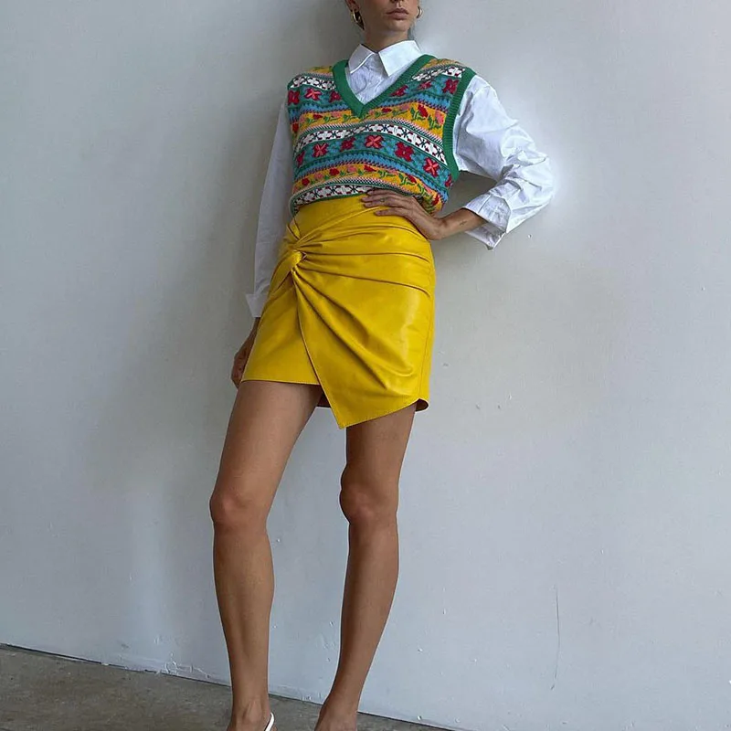 Women Design Sense French Leather Skirt Fashion High Waist Slimming Folds Knot Mini Skirts Sexy Package Hip PU Short Skirts