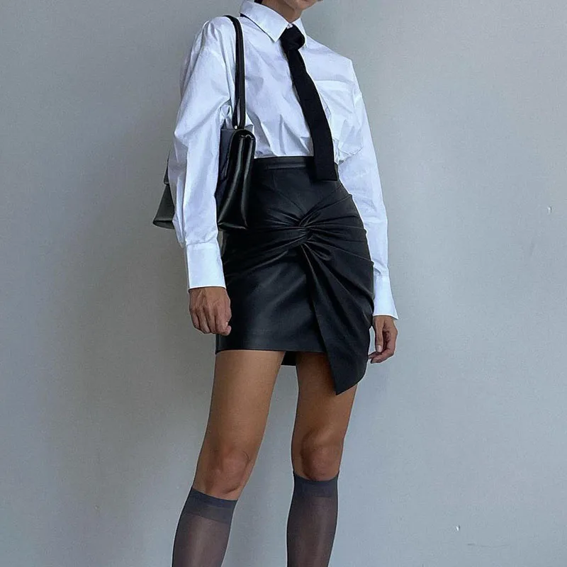 Women Design Sense French Leather Skirt Fashion High Waist Slimming Folds Knot Mini Skirts Sexy Package Hip PU Short Skirts