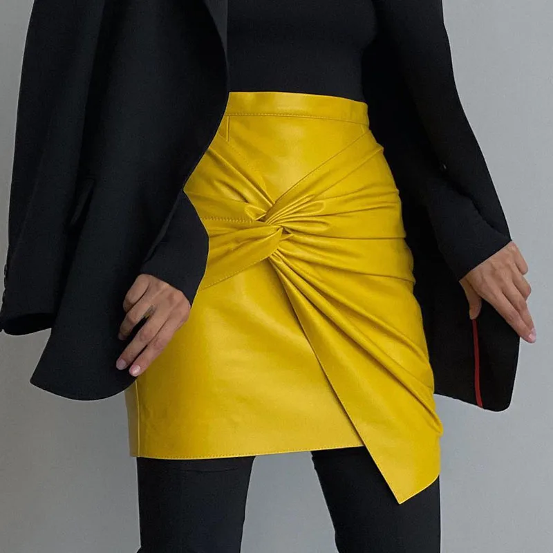 Women Design Sense French Leather Skirt Fashion High Waist Slimming Folds Knot Mini Skirts Sexy Package Hip PU Short Skirts