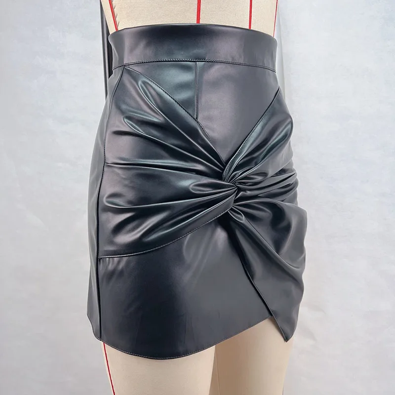 Women Design Sense French Leather Skirt Fashion High Waist Slimming Folds Knot Mini Skirts Sexy Package Hip PU Short Skirts