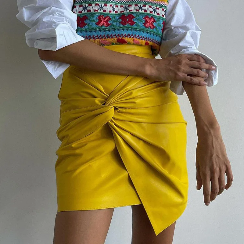 Women Design Sense French Leather Skirt Fashion High Waist Slimming Folds Knot Mini Skirts Sexy Package Hip PU Short Skirts