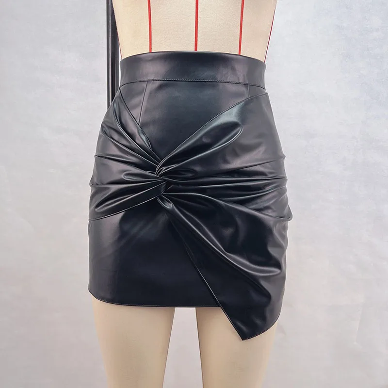 Women Design Sense French Leather Skirt Fashion High Waist Slimming Folds Knot Mini Skirts Sexy Package Hip PU Short Skirts