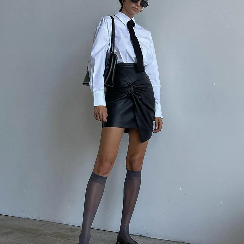 Women Design Sense French Leather Skirt Fashion High Waist Slimming Folds Knot Mini Skirts Sexy Package Hip PU Short Skirts