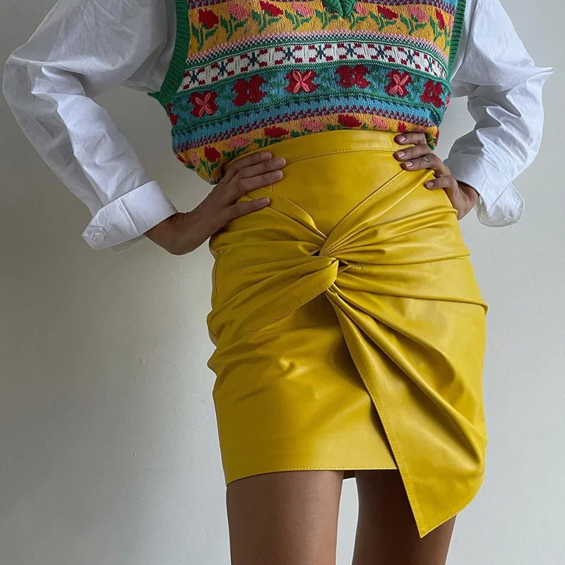 Women Design Sense French Leather Skirt Fashion High Waist Slimming Folds Knot Mini Skirts Sexy Package Hip PU Short Skirts