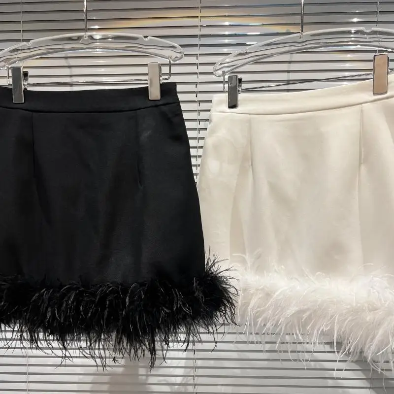 French Sexy Socialite Feather Splicing High Waist Slim Hip-Wrapped Sweet Simple Solid Color Versatile Mini Skirt Women Autumn
