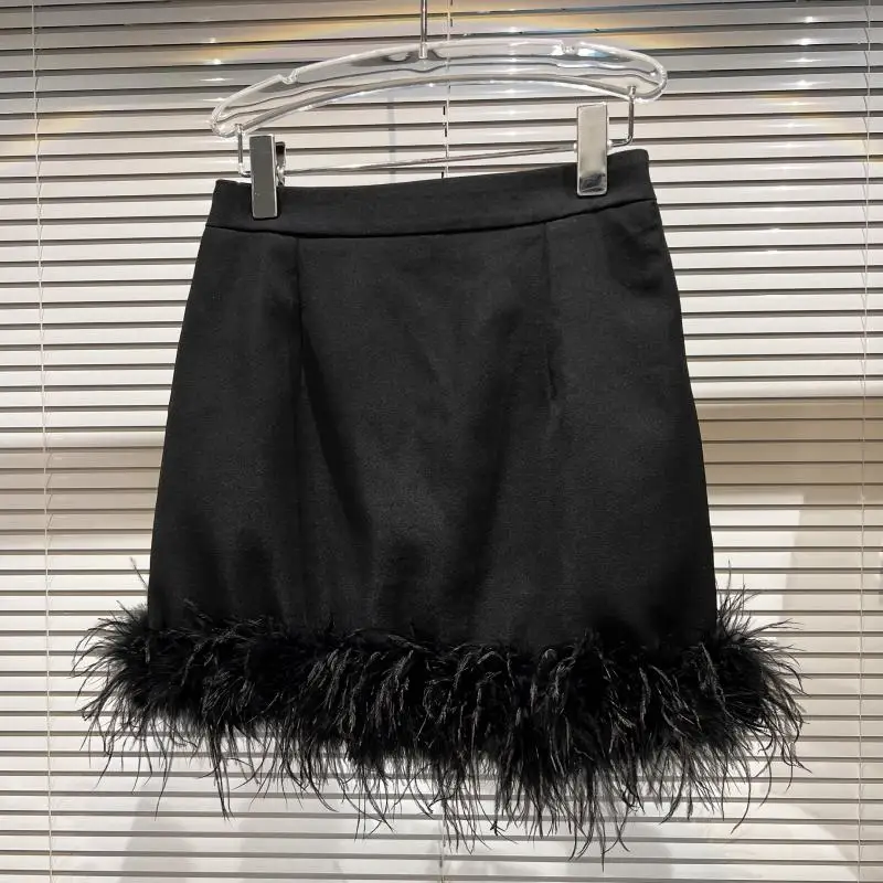 French Sexy Socialite Feather Splicing High Waist Slim Hip-Wrapped Sweet Simple Solid Color Versatile Mini Skirt Women Autumn