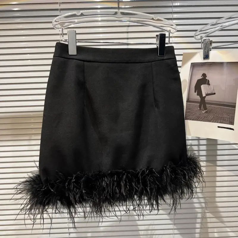 French Sexy Socialite Feather Splicing High Waist Slim Hip-Wrapped Sweet Simple Solid Color Versatile Mini Skirt Women Autumn