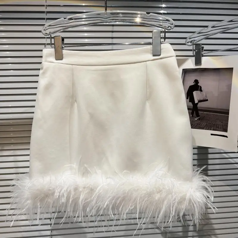 French Sexy Socialite Feather Splicing High Waist Slim Hip-Wrapped Sweet Simple Solid Color Versatile Mini Skirt Women Autumn