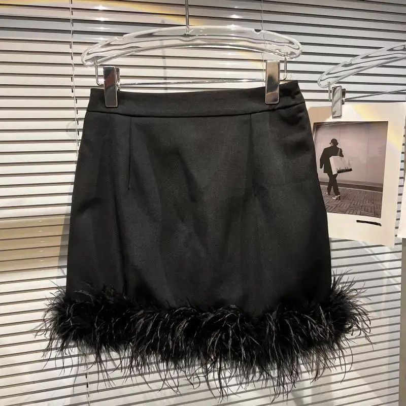 French Sexy Socialite Feather Splicing High Waist Slim Hip-Wrapped Sweet Simple Solid Color Versatile Mini Skirt Women Autumn