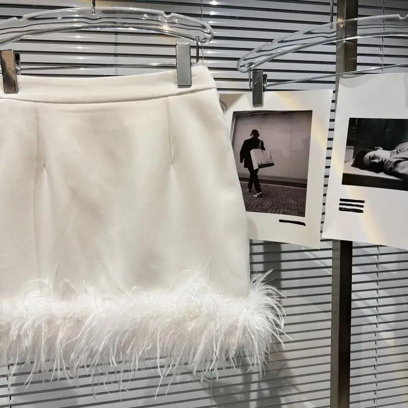 French Sexy Socialite Feather Splicing High Waist Slim Hip-Wrapped Sweet Simple Solid Color Versatile Mini Skirt Women Autumn