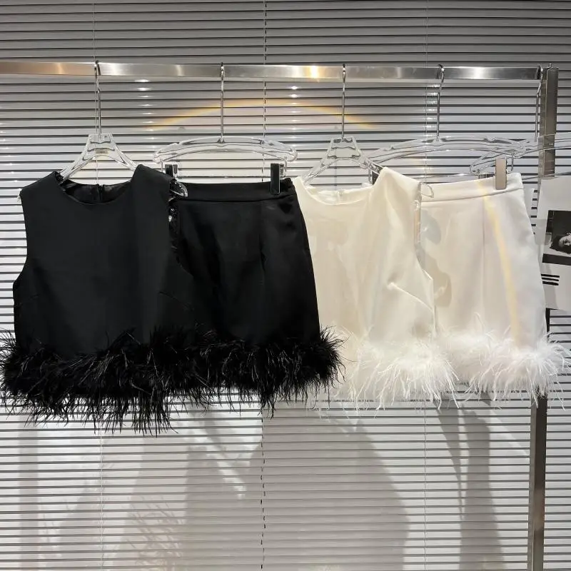 French Sexy Socialite Feather Splicing High Waist Slim Hip-Wrapped Sweet Simple Solid Color Versatile Mini Skirt Women Autumn