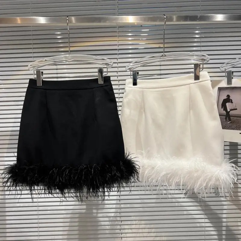 French Sexy Socialite Feather Splicing High Waist Slim Hip-Wrapped Sweet Simple Solid Color Versatile Mini Skirt Women Autumn