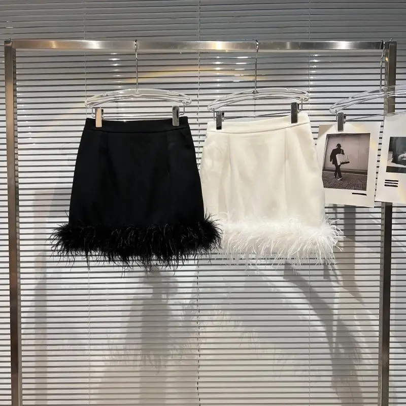 French Sexy Socialite Feather Splicing High Waist Slim Hip-Wrapped Sweet Simple Solid Color Versatile Mini Skirt Women Autumn