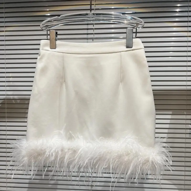 French Sexy Socialite Feather Splicing High Waist Slim Hip-Wrapped Sweet Simple Solid Color Versatile Mini Skirt Women Autumn