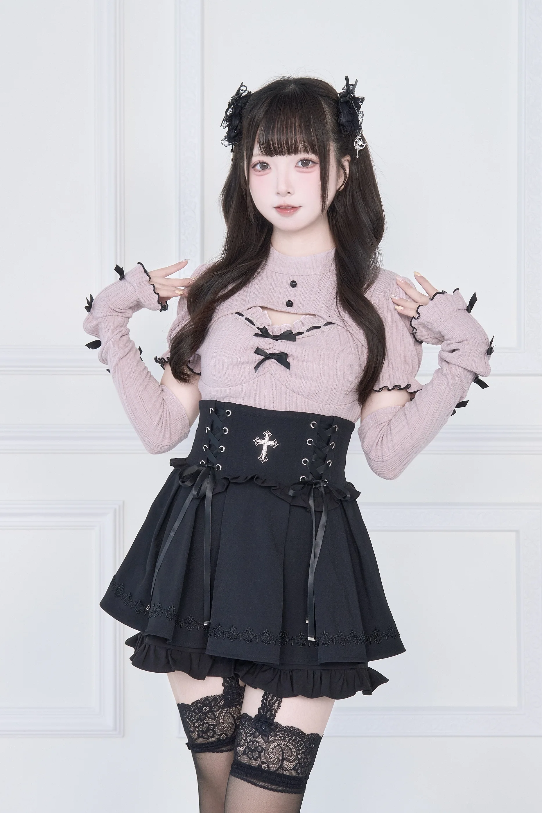 Original Japanese Mines Style Subculture Bow Short-Sleeve Knitted Top High Waist Lace-up Bow Slim A-Line Sweet Skirt Sets Women