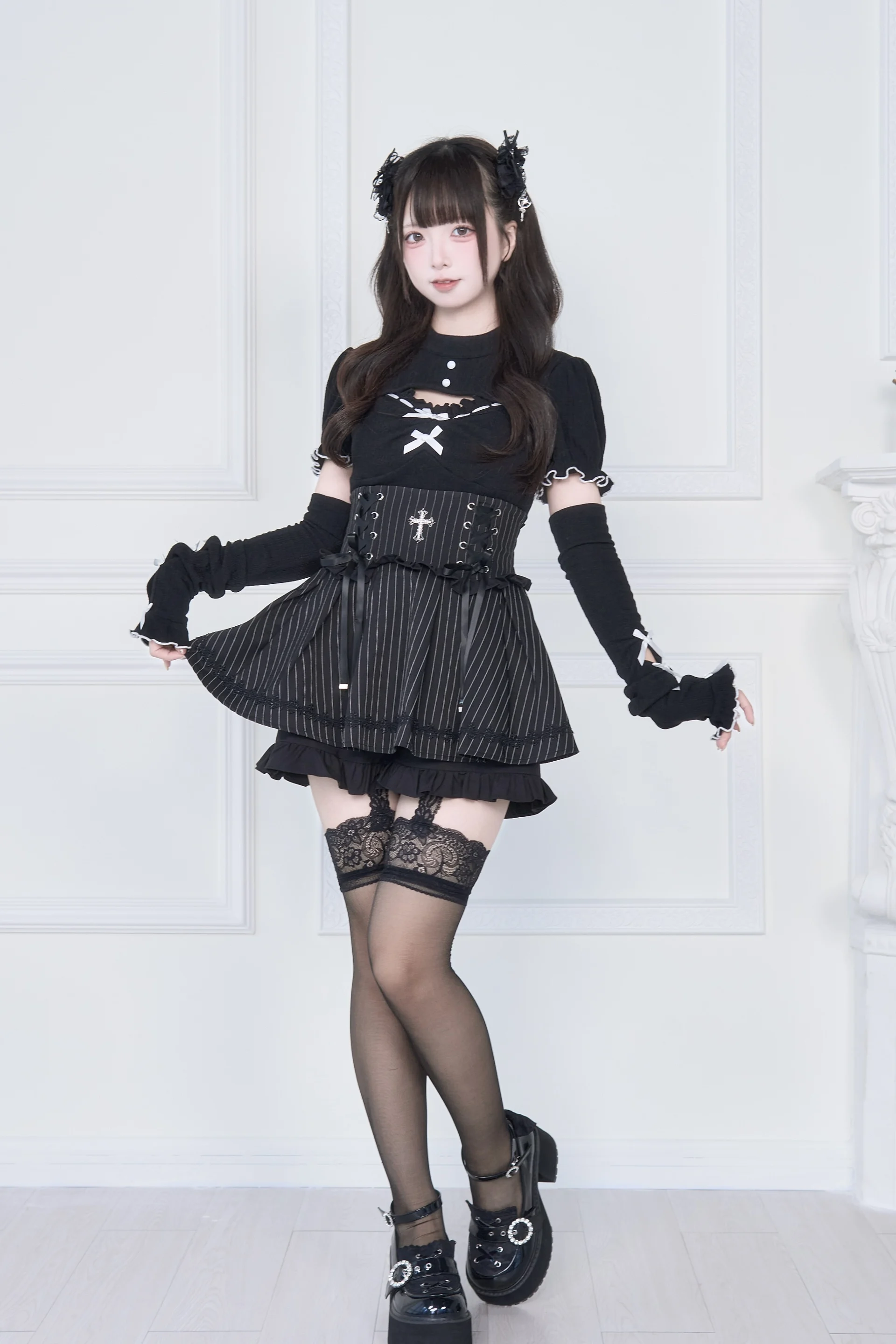 Original Japanese Mines Style Subculture Bow Short-Sleeve Knitted Top High Waist Lace-up Bow Slim A-Line Sweet Skirt Sets Women