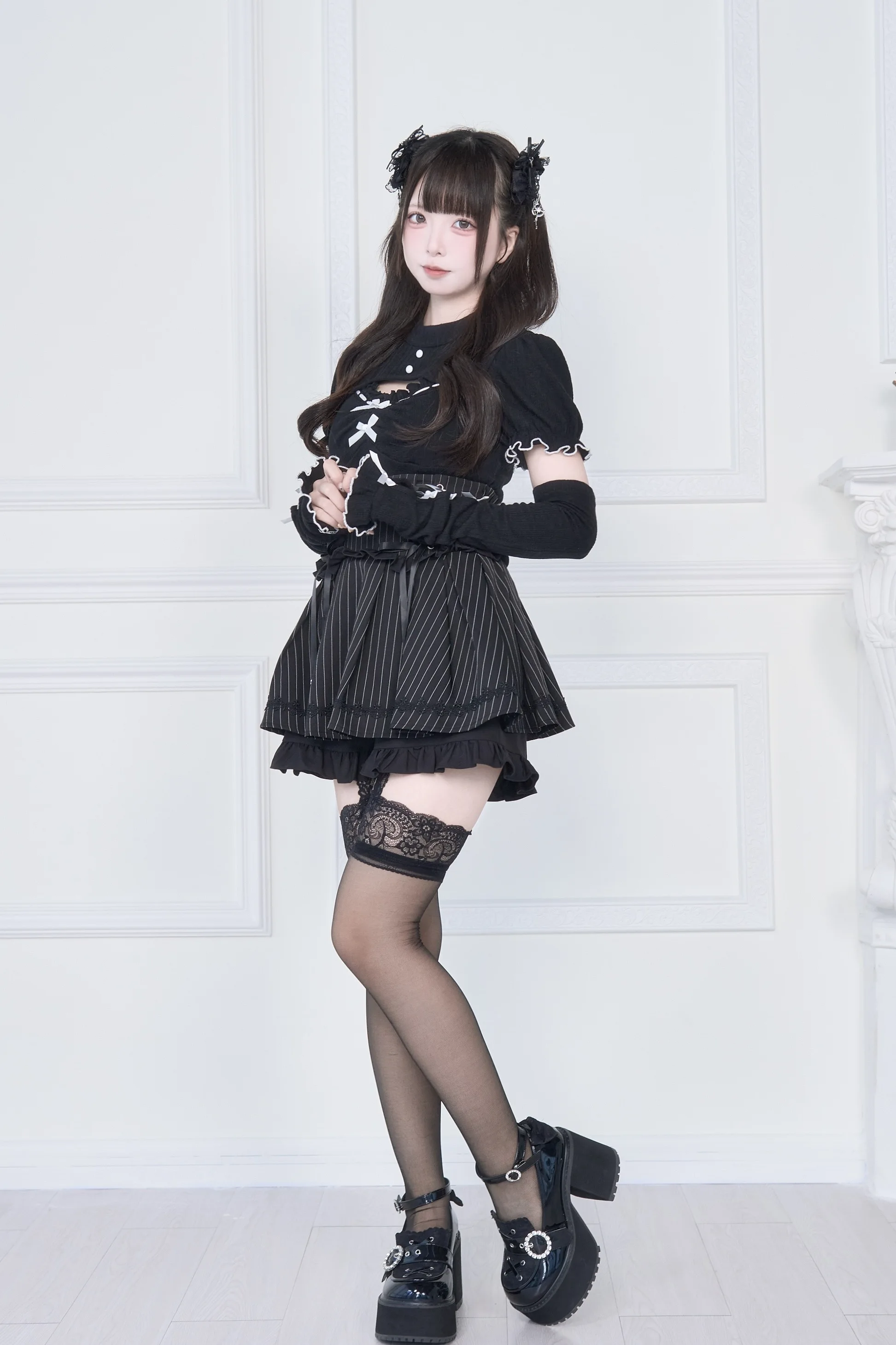 Original Japanese Mines Style Subculture Bow Short-Sleeve Knitted Top High Waist Lace-up Bow Slim A-Line Sweet Skirt Sets Women