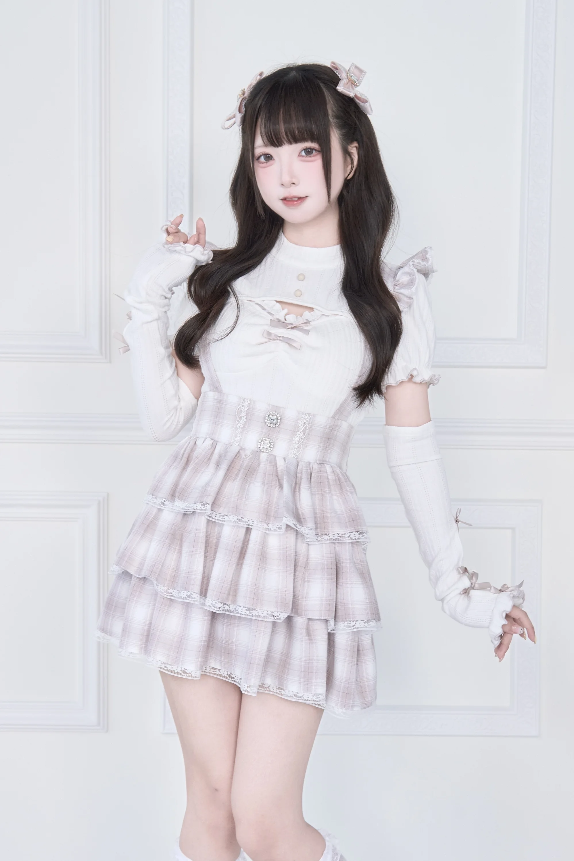 Original Japanese Mines Style Subculture Bow Short-Sleeve Knitted Top High Waist Lace-up Bow Slim A-Line Sweet Skirt Sets Women