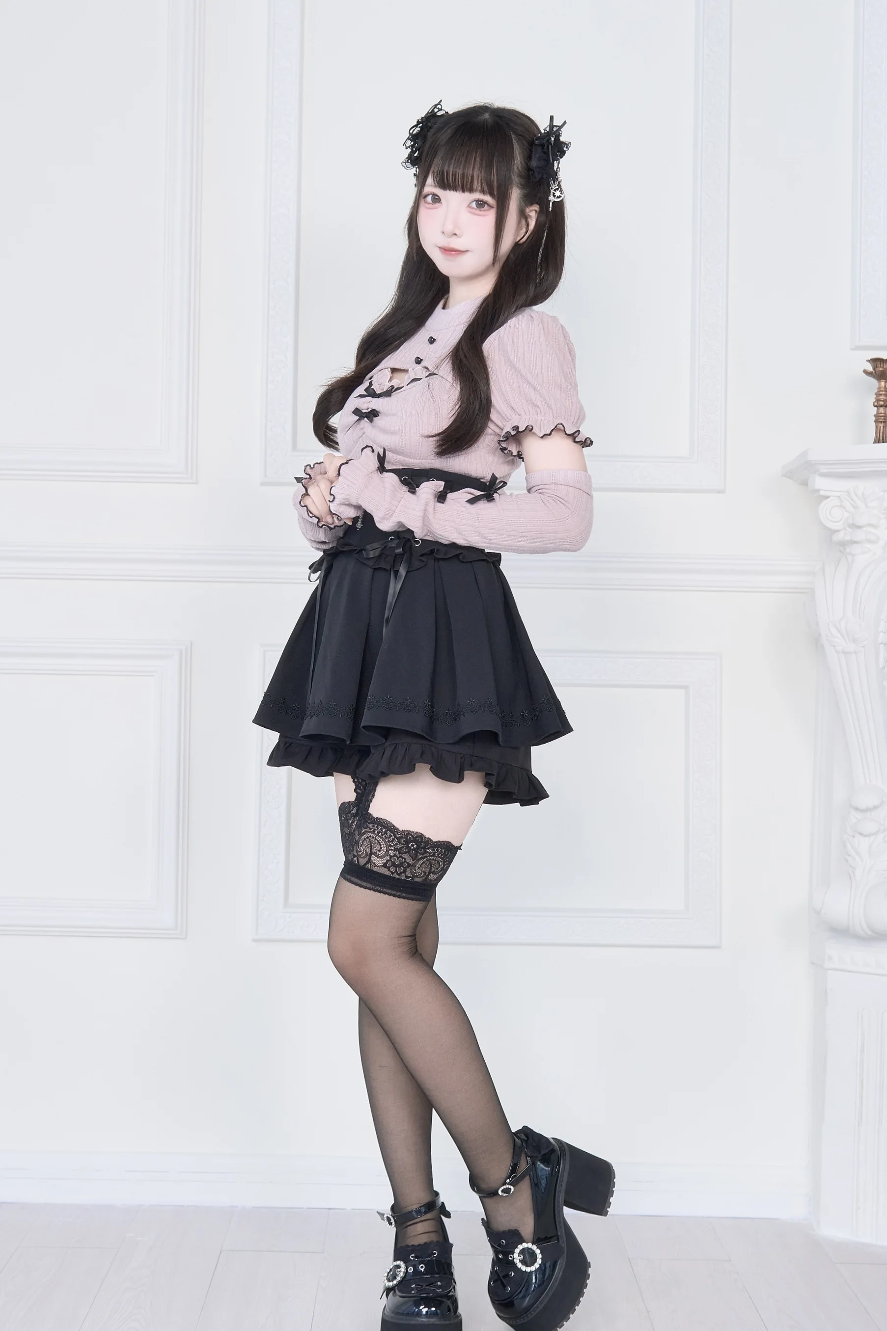 Original Japanese Mines Style Subculture Bow Short-Sleeve Knitted Top High Waist Lace-up Bow Slim A-Line Sweet Skirt Sets Women