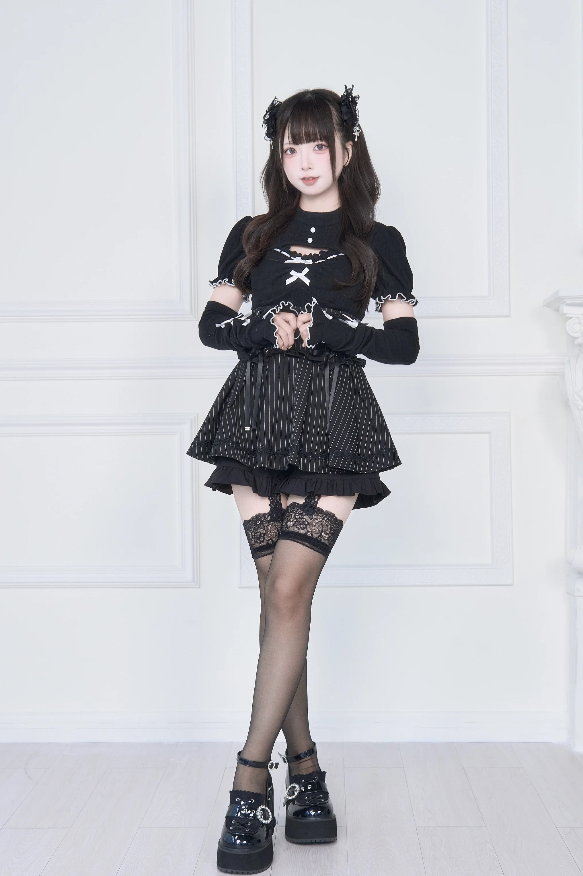 Original Japanese Mines Style Subculture Bow Short-Sleeve Knitted Top High Waist Lace-up Bow Slim A-Line Sweet Skirt Sets Women