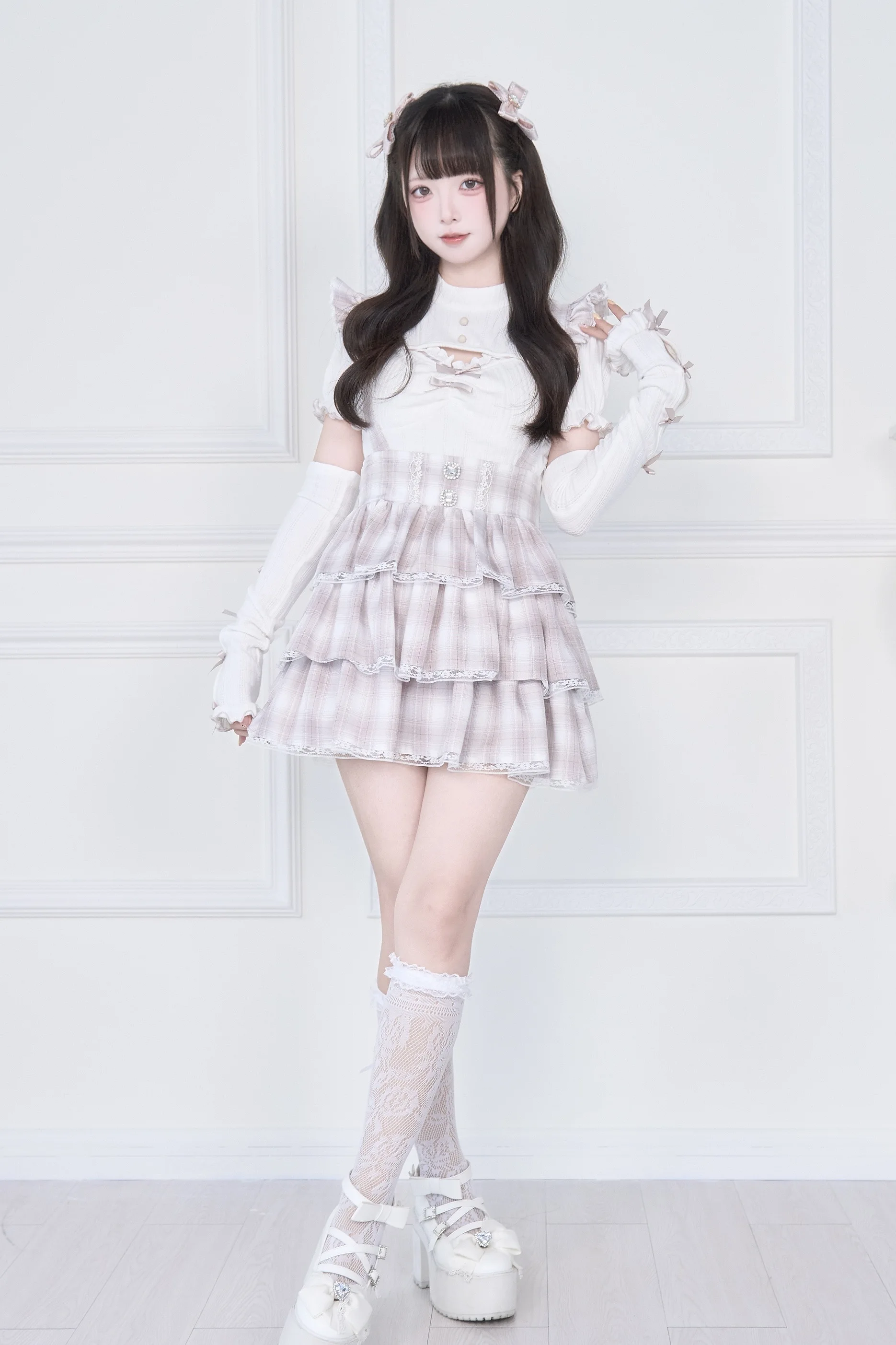 Original Japanese Mines Style Subculture Bow Short-Sleeve Knitted Top High Waist Lace-up Bow Slim A-Line Sweet Skirt Sets Women