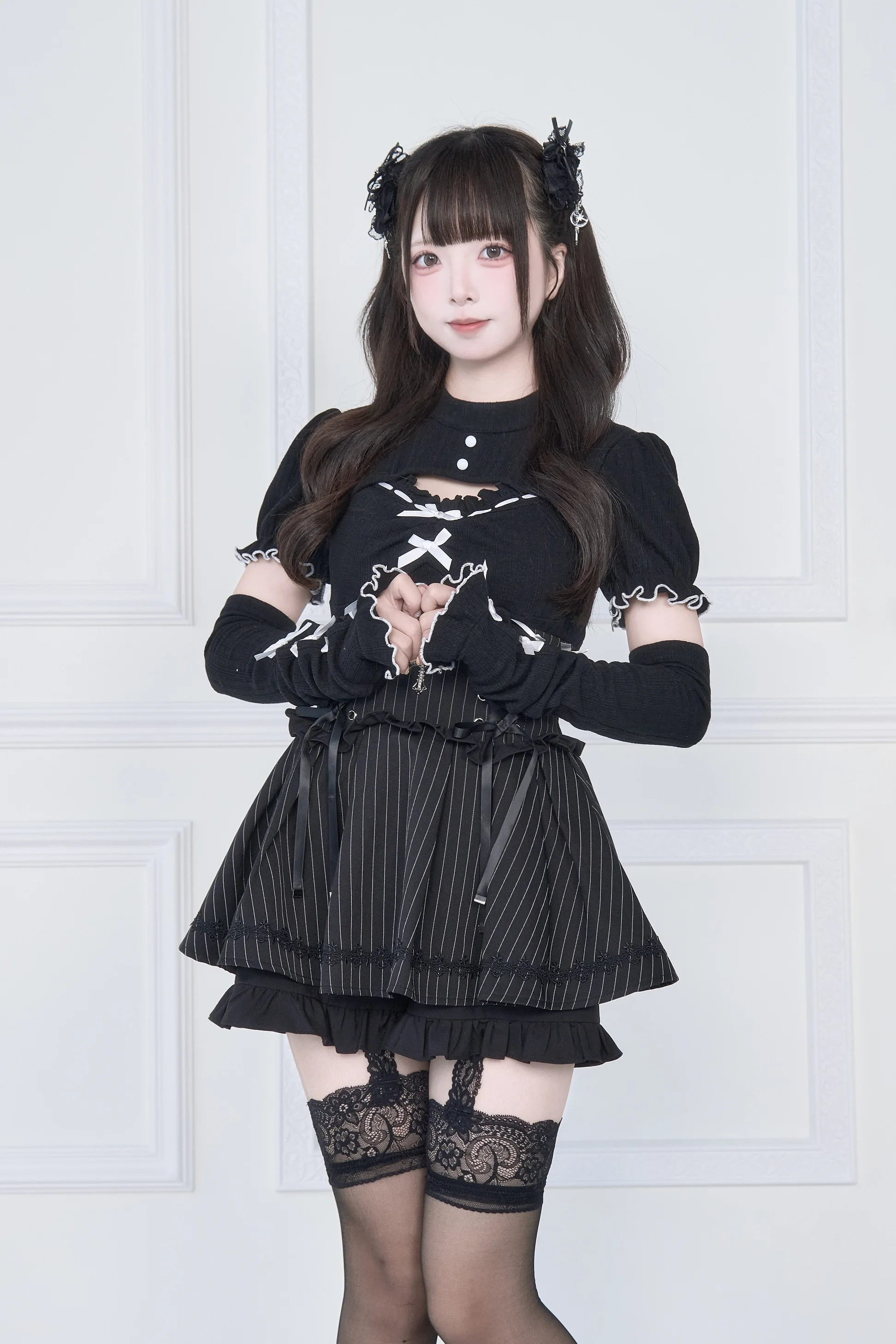 Original Japanese Mines Style Subculture Bow Short-Sleeve Knitted Top High Waist Lace-up Bow Slim A-Line Sweet Skirt Sets Women
