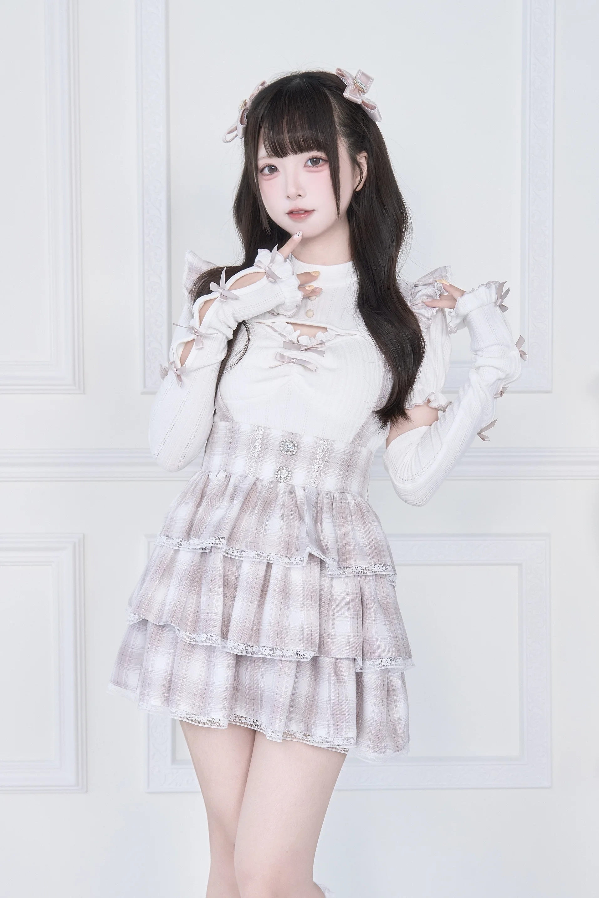 Original Japanese Mines Style Subculture Bow Short-Sleeve Knitted Top High Waist Lace-up Bow Slim A-Line Sweet Skirt Sets Women