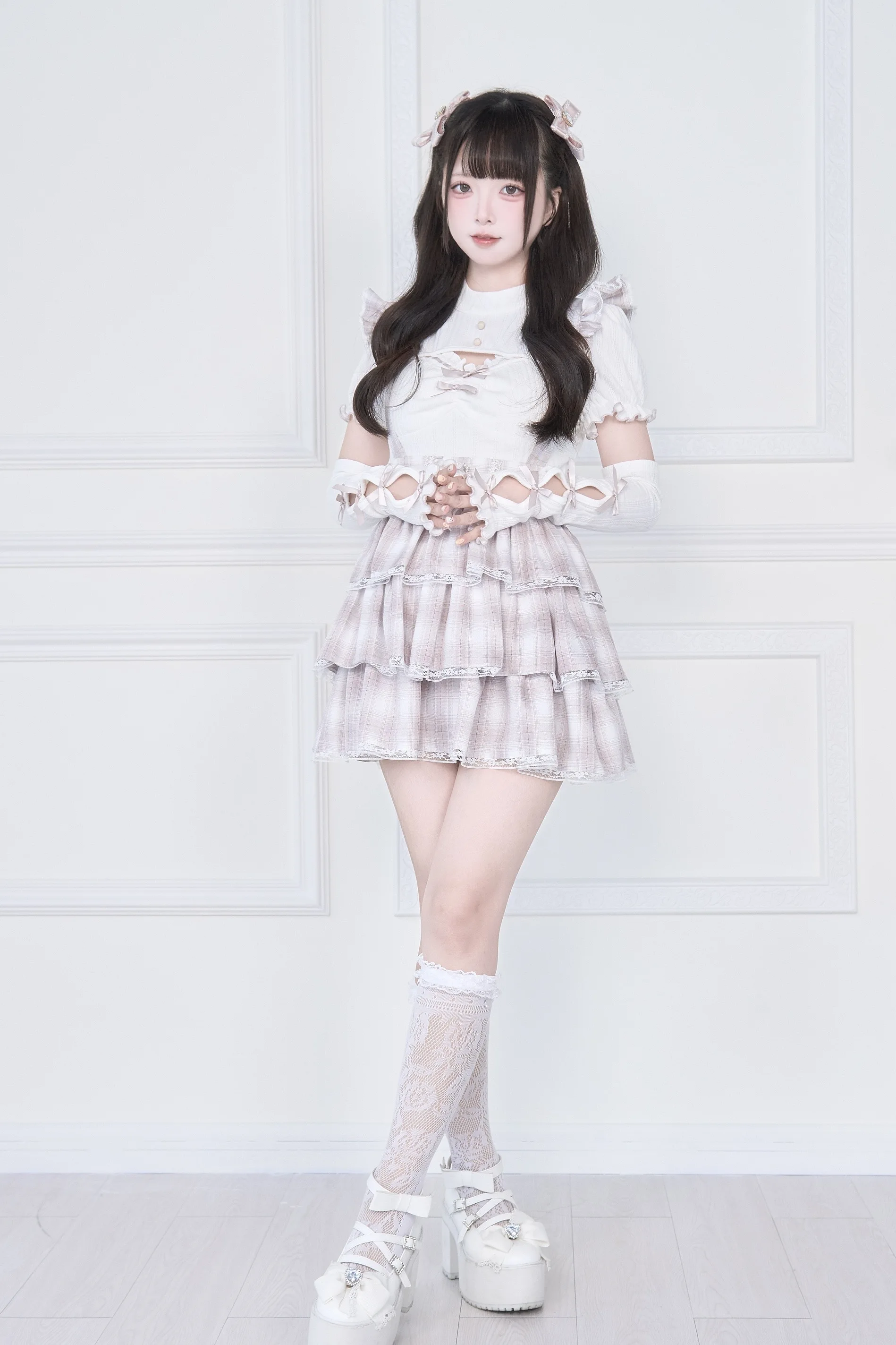Original Japanese Mines Style Subculture Bow Short-Sleeve Knitted Top High Waist Lace-up Bow Slim A-Line Sweet Skirt Sets Women