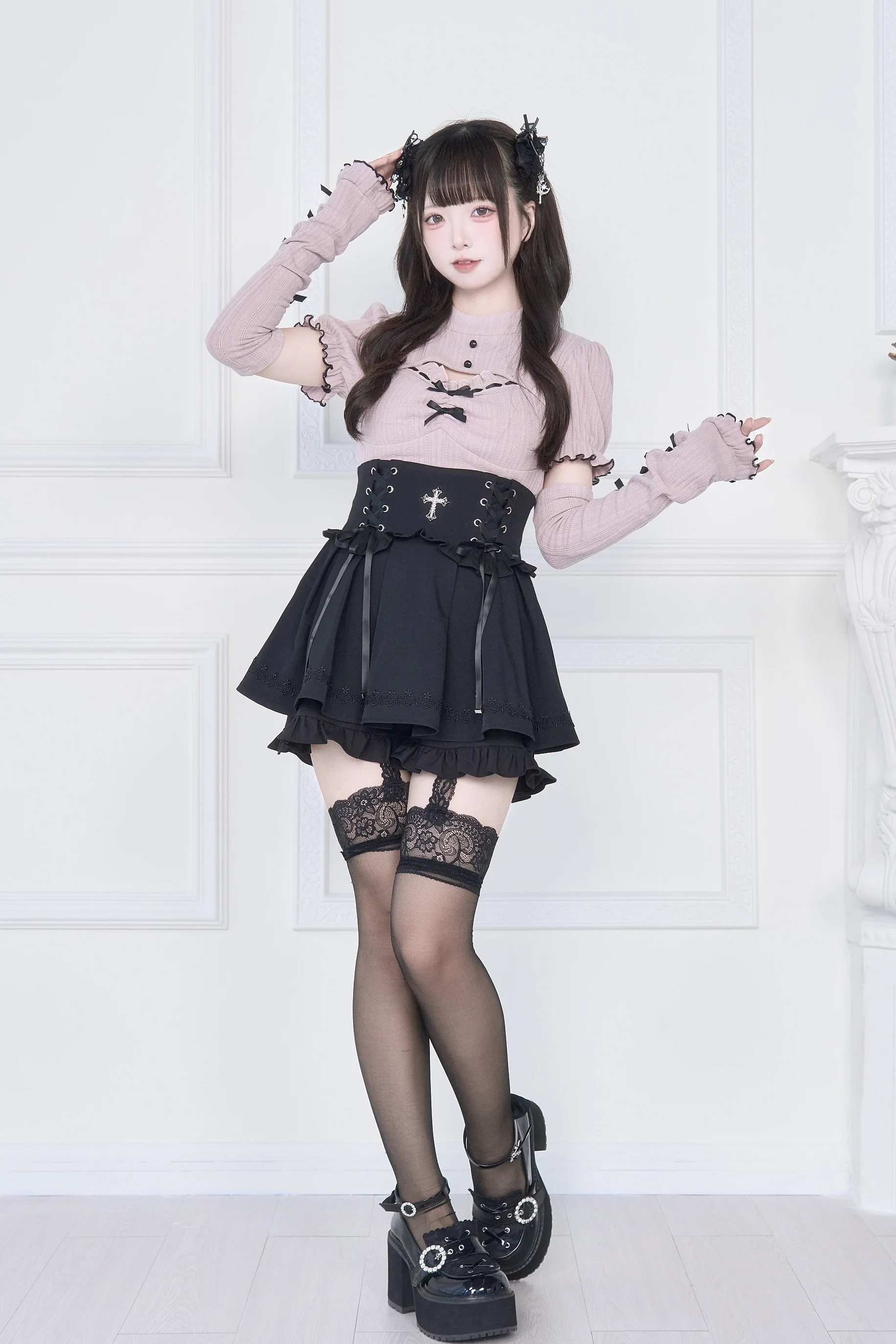 Original Japanese Mines Style Subculture Bow Short-Sleeve Knitted Top High Waist Lace-up Bow Slim A-Line Sweet Skirt Sets Women