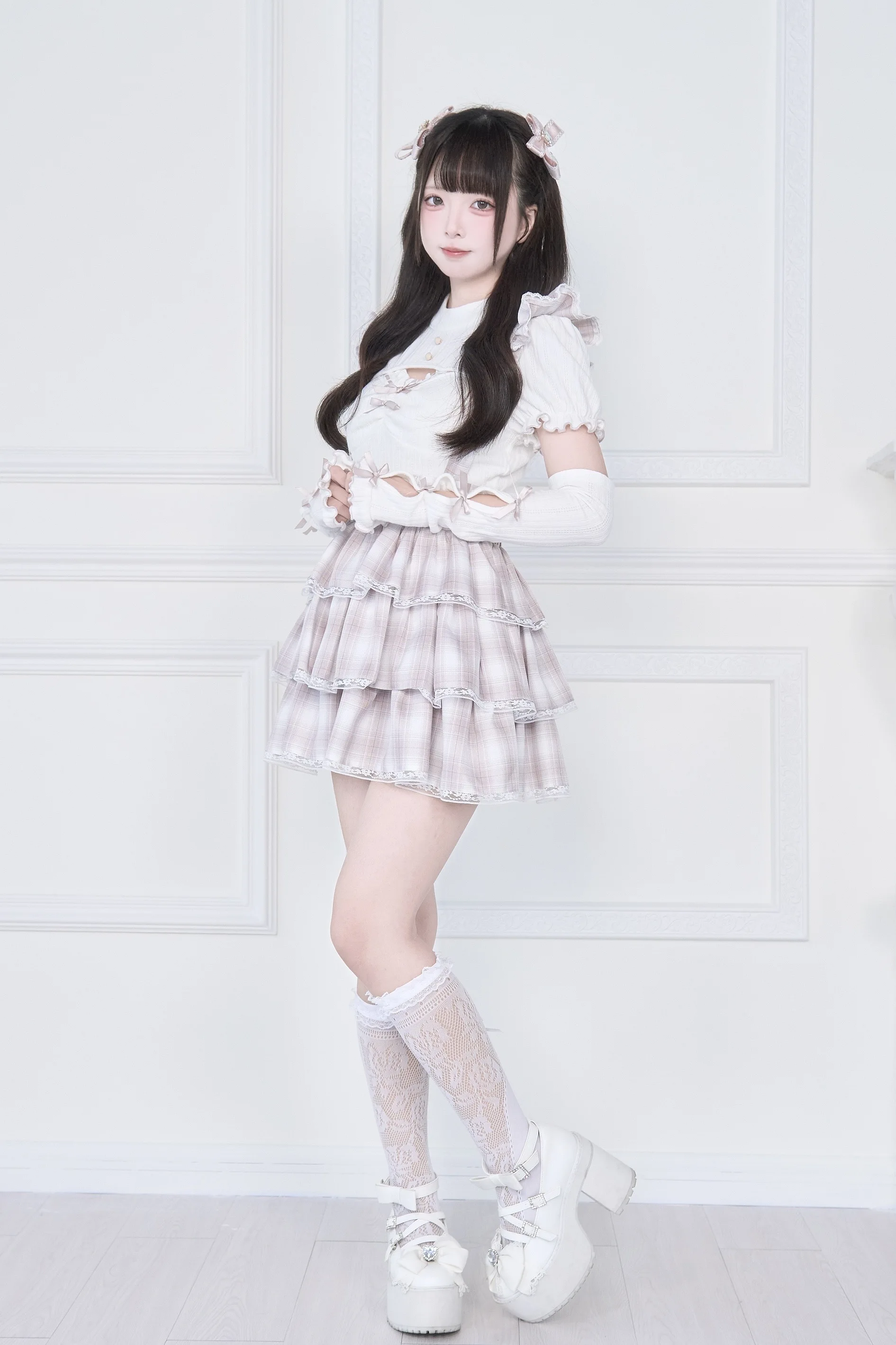 Original Japanese Mines Style Subculture Bow Short-Sleeve Knitted Top High Waist Lace-up Bow Slim A-Line Sweet Skirt Sets Women