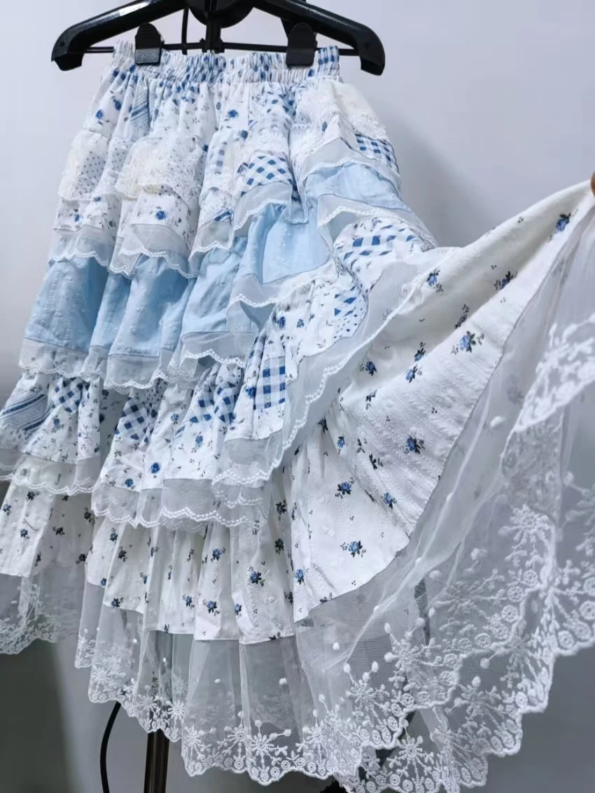 Real Photo Autumn Trend New Fashion Five Layers Patchwork Lolita Long Skirt High Waist Skirt Women's A Line Skirts