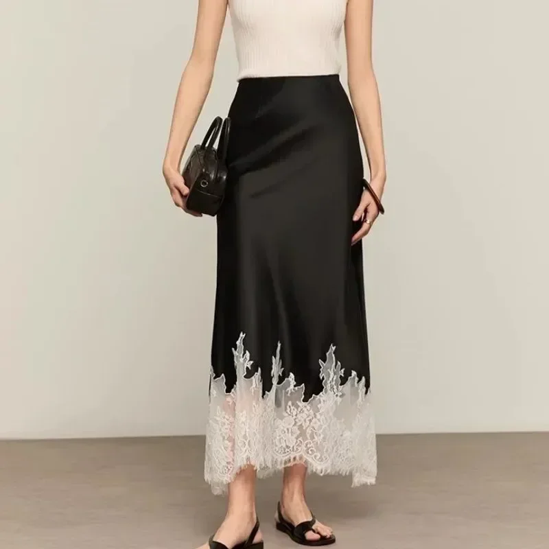 Fairy Lace-Trim Midi Skirt High Wasit Elegant Wrapped Hip Fashion Trends Long Skirts Female Party 2025 Summer Women Clothing