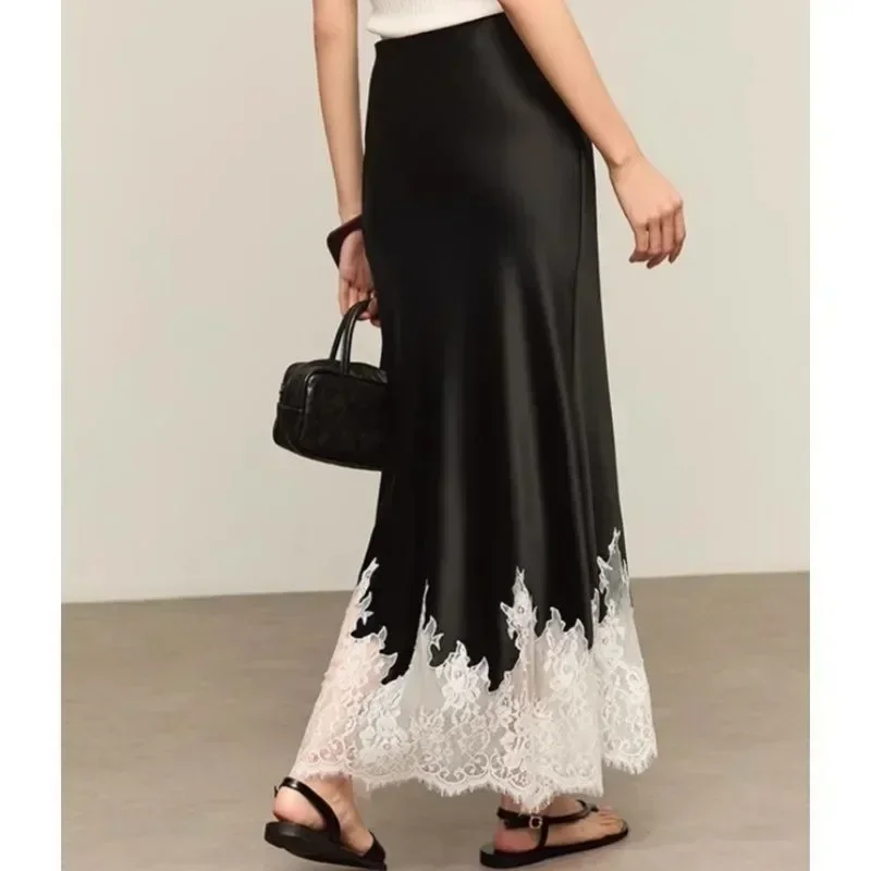 Fairy Lace-Trim Midi Skirt High Wasit Elegant Wrapped Hip Fashion Trends Long Skirts Female Party 2025 Summer Women Clothing