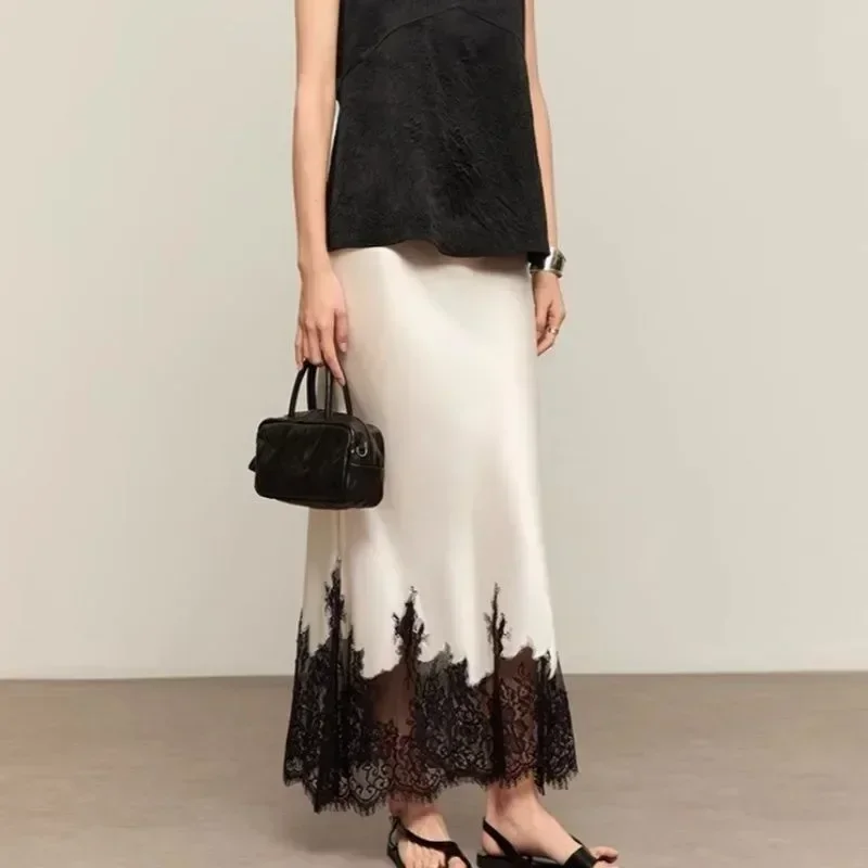 Fairy Lace-Trim Midi Skirt High Wasit Elegant Wrapped Hip Fashion Trends Long Skirts Female Party 2025 Summer Women Clothing