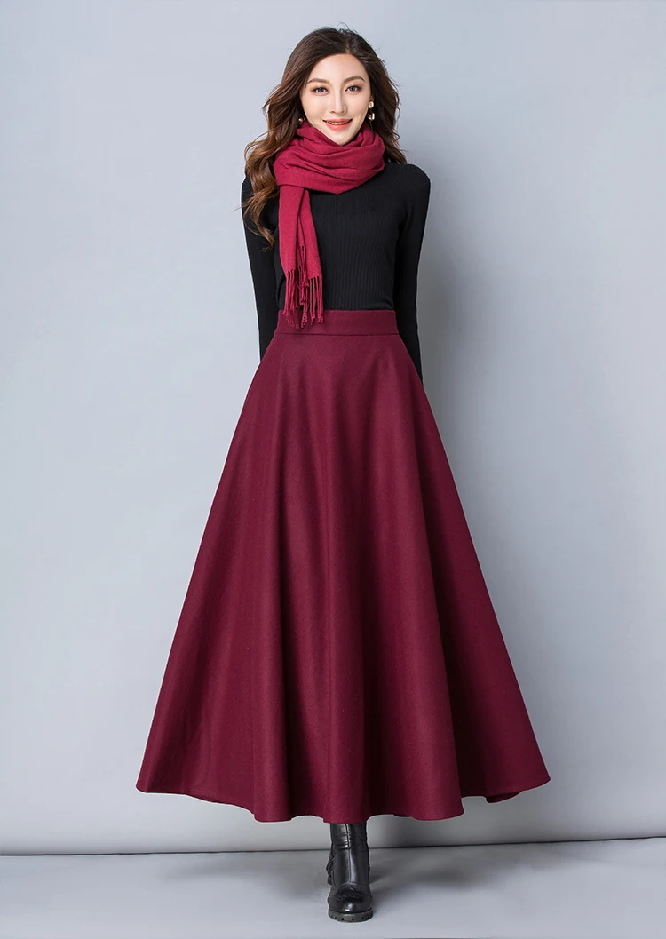 Winter Women Long Woolen Skirt Fashion High Waist Basic Wool Skirts Female Casual Thick Warm Elastic A-Line Maxi Skirts O839