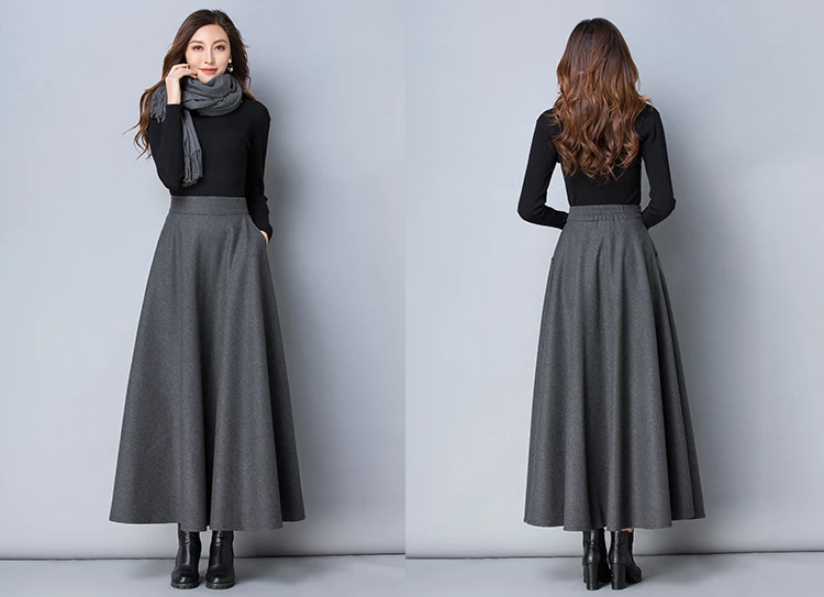 Winter Women Long Woolen Skirt Fashion High Waist Basic Wool Skirts Female Casual Thick Warm Elastic A-Line Maxi Skirts O839