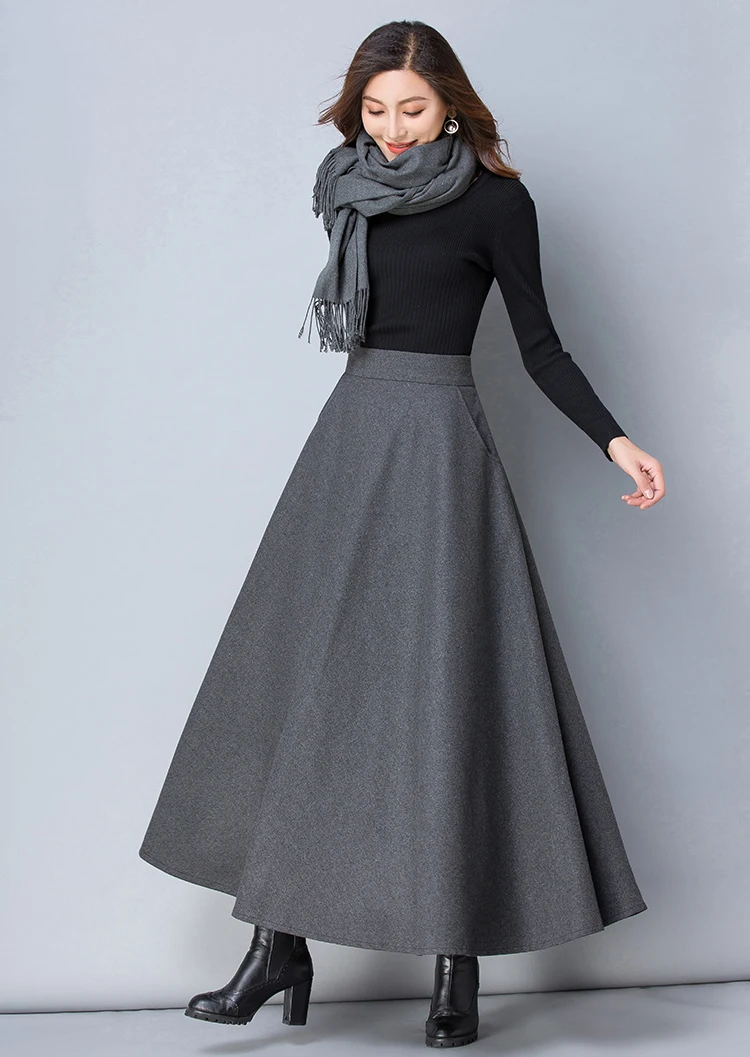 Winter Women Long Woolen Skirt Fashion High Waist Basic Wool Skirts Female Casual Thick Warm Elastic A-Line Maxi Skirts O839