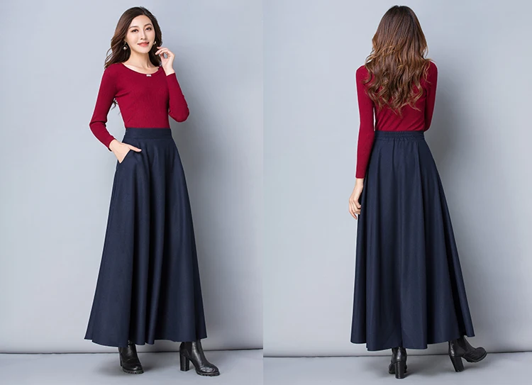 Winter Women Long Woolen Skirt Fashion High Waist Basic Wool Skirts Female Casual Thick Warm Elastic A-Line Maxi Skirts O839