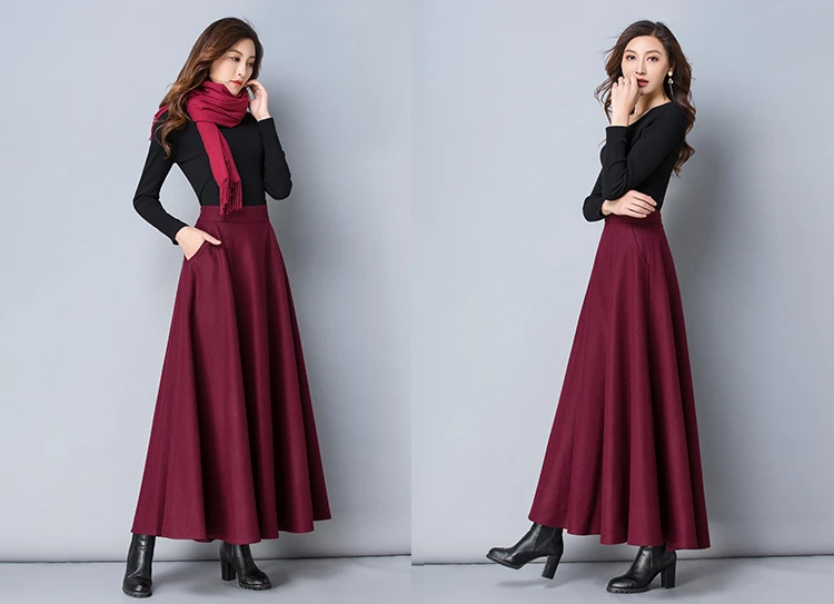 Winter Women Long Woolen Skirt Fashion High Waist Basic Wool Skirts Female Casual Thick Warm Elastic A-Line Maxi Skirts O839