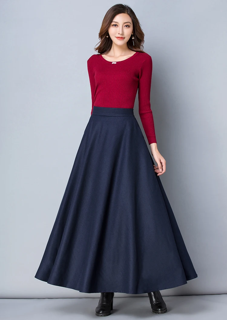 Winter Women Long Woolen Skirt Fashion High Waist Basic Wool Skirts Female Casual Thick Warm Elastic A-Line Maxi Skirts O839