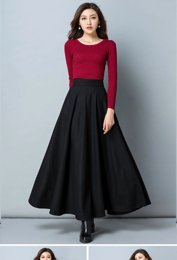 Winter Women Long Woolen Skirt Fashion High Waist Basic Wool Skirts Female Casual Thick Warm Elastic A-Line Maxi Skirts O839