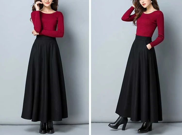 Winter Women Long Woolen Skirt Fashion High Waist Basic Wool Skirts Female Casual Thick Warm Elastic A-Line Maxi Skirts O839