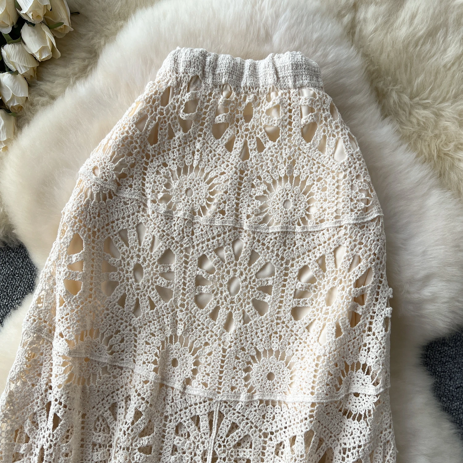 Cotton Floral Crochet Knitted Lace Skirt For Women Vintage Hollow Out Elastic Waist Skirts Summer Holiday Long Boho Beach Falda