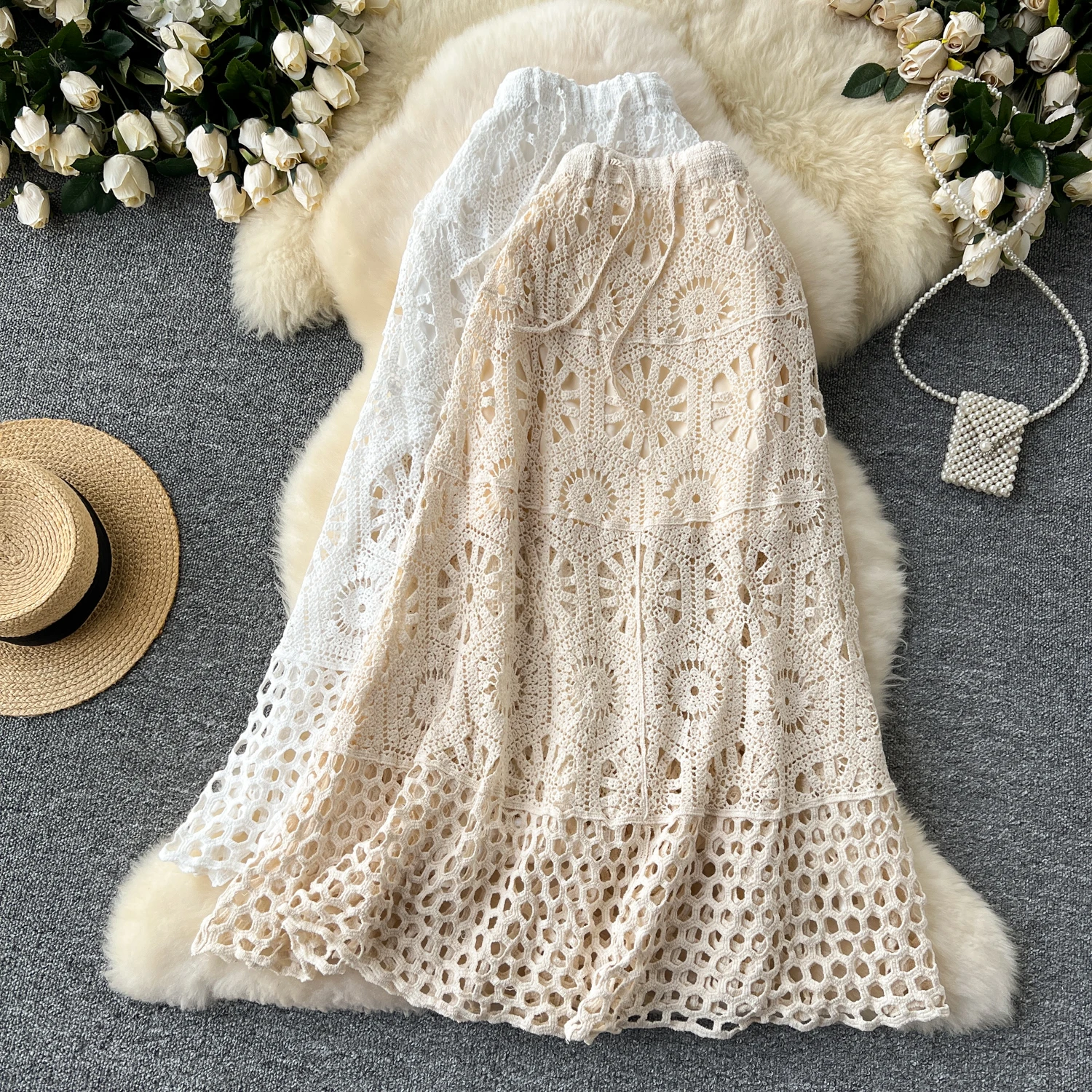 Cotton Floral Crochet Knitted Lace Skirt For Women Vintage Hollow Out Elastic Waist Skirts Summer Holiday Long Boho Beach Falda