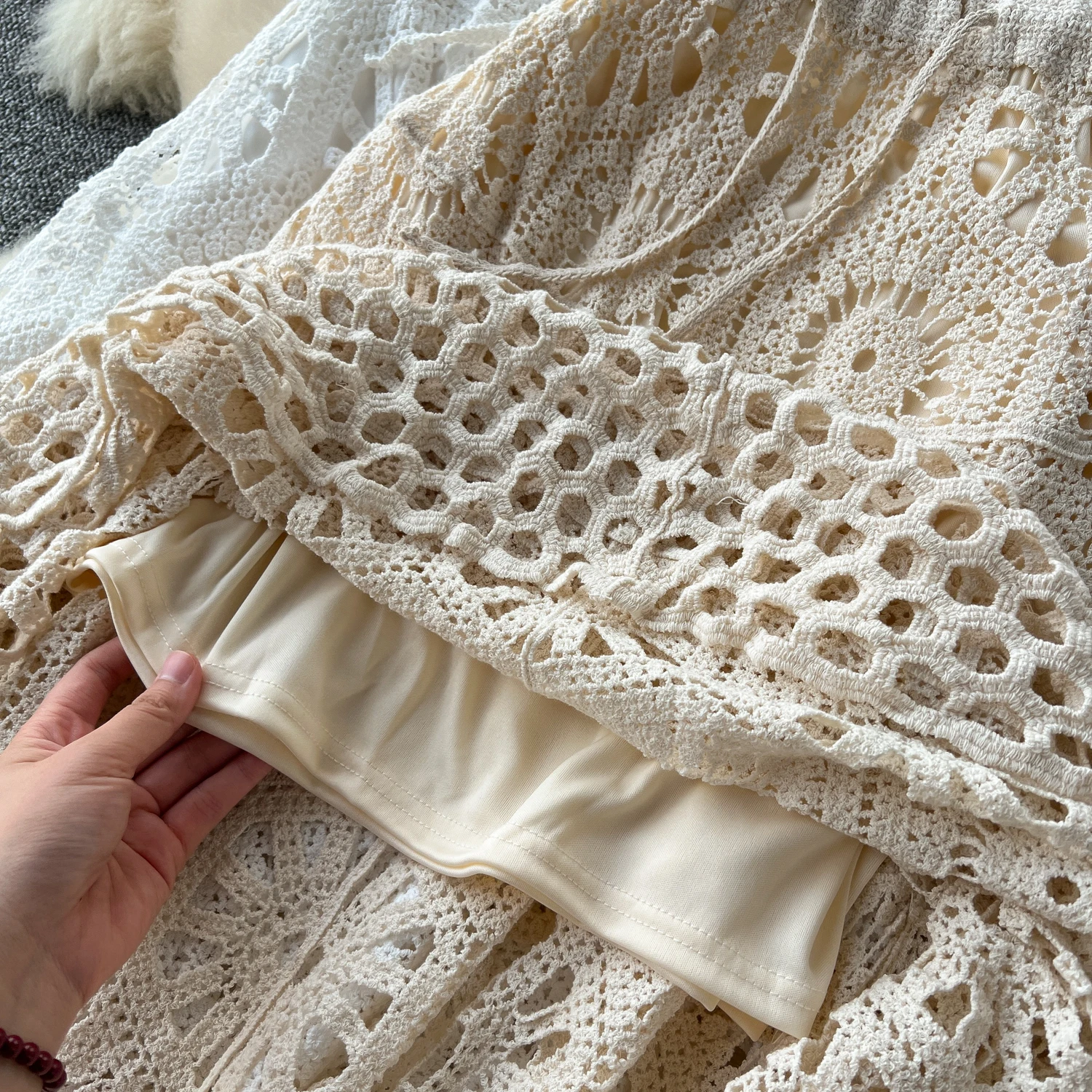 Cotton Floral Crochet Knitted Lace Skirt For Women Vintage Hollow Out Elastic Waist Skirts Summer Holiday Long Boho Beach Falda
