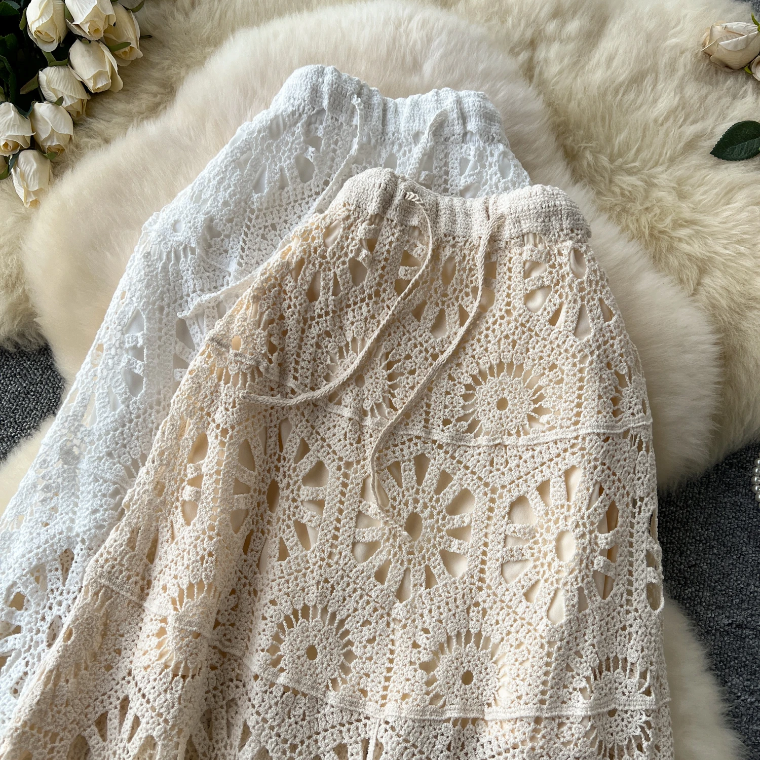 Cotton Floral Crochet Knitted Lace Skirt For Women Vintage Hollow Out Elastic Waist Skirts Summer Holiday Long Boho Beach Falda