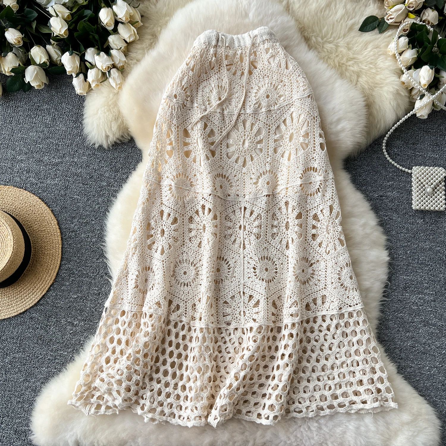 Cotton Floral Crochet Knitted Lace Skirt For Women Vintage Hollow Out Elastic Waist Skirts Summer Holiday Long Boho Beach Falda